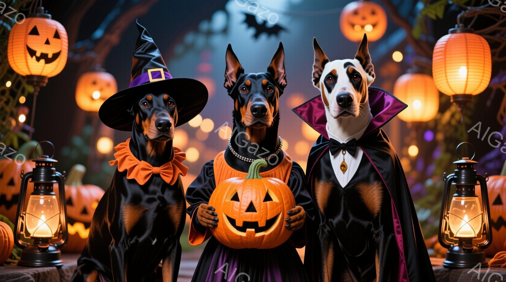 三匹の犬がハロウィーンの衣装を着ています。左の犬は魔女の帽子とオレンジのリボンで飾られ、真ん中の犬は紫色のドレスとネックレスを身につけ、カボチャを持っています。背景にはたくさんのジャック・オ・ランタンとランタンが飾られ、暗くてお祝いの雰囲気を作り出しています。