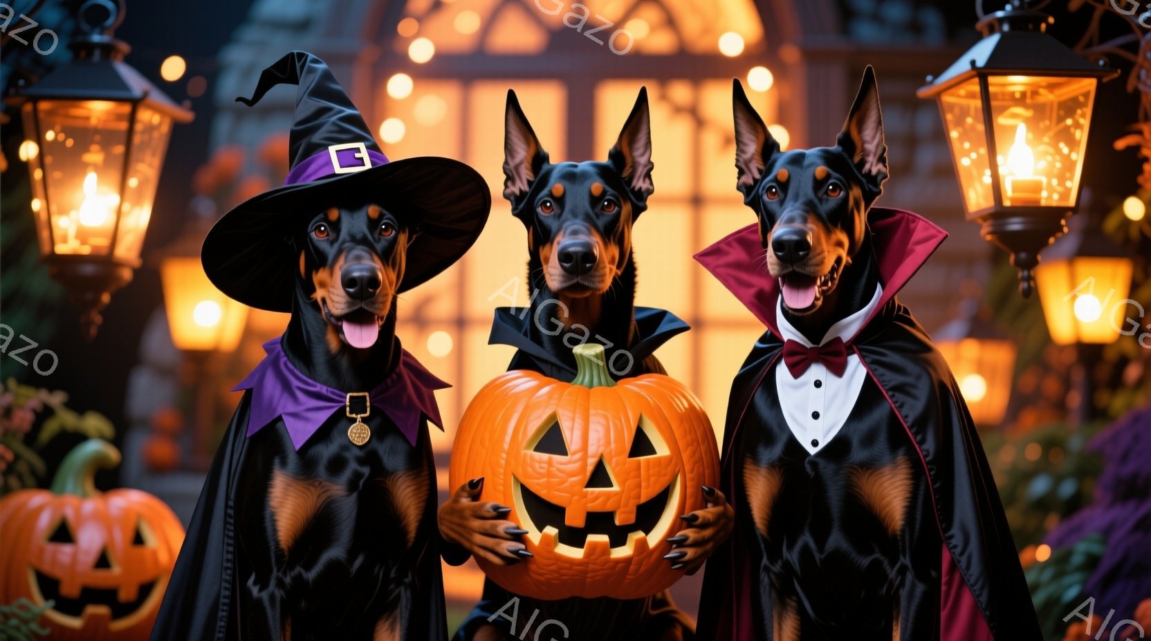 ハロウィーンの衣装を着たドーベルマン3匹が写っています。左の犬は紫色のマントと魔女帽子を着用し、真ん中の犬はカボチャを抱え、右の犬は黒いマントと蝶ネクタイを着用しています。背景には、ハロウィーンの装飾 - AI生成フリー素材