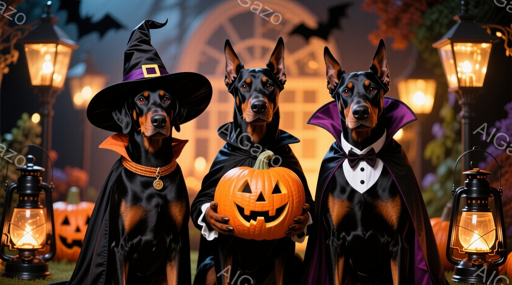 ３匹のドーベルマンがハロウィーンの衣装を着て並んでいます。左の犬は黒い帽子とマントを身に着け、中央の犬はジャック・オー・ランタン（カボチャのランタン）を抱き、右の犬は紫色のマントと白い襟付きのシャツを - AI生成フリー素材