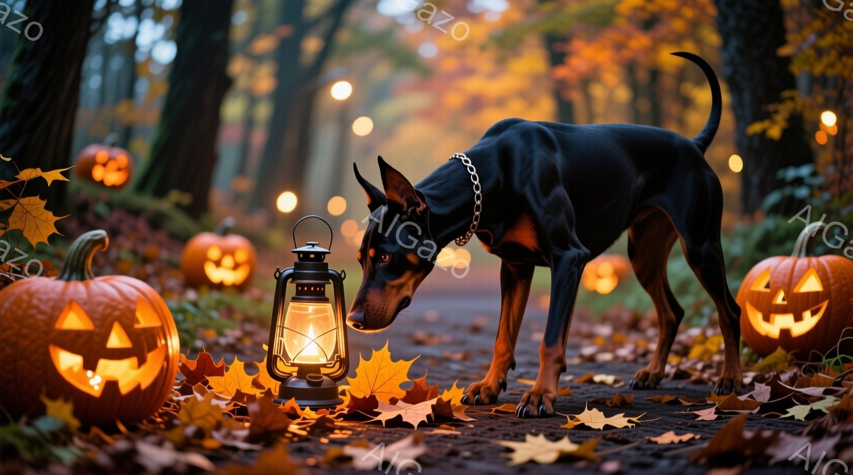 鮮やかなオレンジ色のジャック・オー・ランタンが散りばめられた落ち葉の敷かれた道に、ドーベルマンが佇んでいます。犬は黒い首輪をつけ、前足を伸ばして、何かに興味を持って注意深く見つめているようです。背景に - AI生成フリー素材