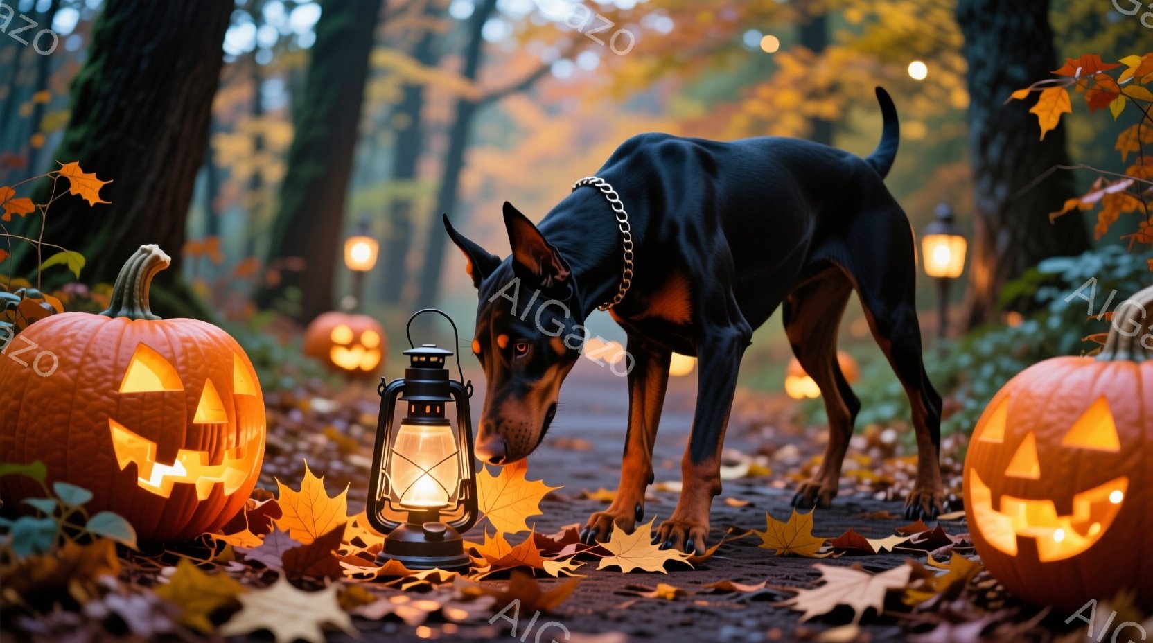 鮮やかなオレンジ色のジャック・オ・ランタンが両側に並び、落ち葉が敷き詰められた森の道を行くドーベルマンが写っています。ドーベルマンは首輪をつけ、地面の匂いを嗅ぎながら前方に注意を向けており、背景にはぼ - AI生成フリー素材