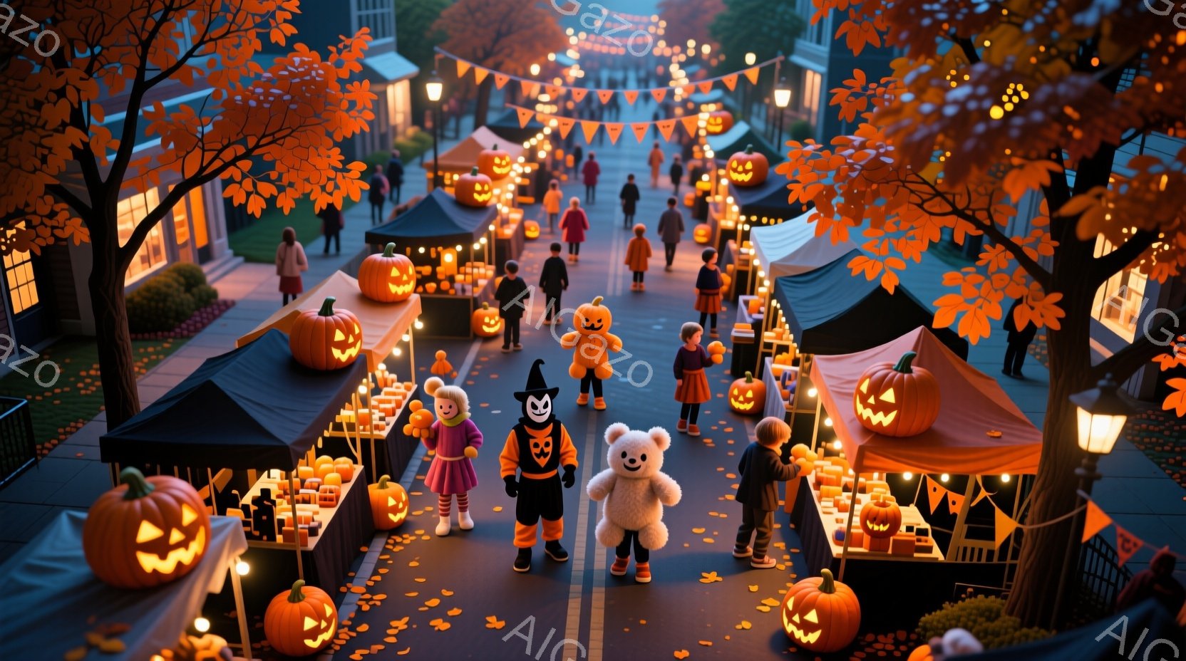ハロウィーンの夜、通りはカボチャのランタンで明るく照らされ、仮装した人々で賑わっている。子供たちは魔女、テディベア、その他のキャラクターに変身し、楽しそうに通りを歩いている。背景には、装飾が施された建物や木々が見え、秋の夜の温かくお祭り気分な雰囲気が漂っている。