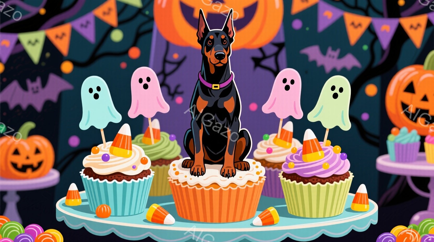 黒いドーベルマン犬が、ハロウィーンのカップケーキやキャンディが並んだケーキスタンドの上に座っています。背景にはオレンジ色のカボチャのランタンや、白いお化け、コウモリのモチーフが描かれ、ハロウィーンの装 - AI生成フリー素材