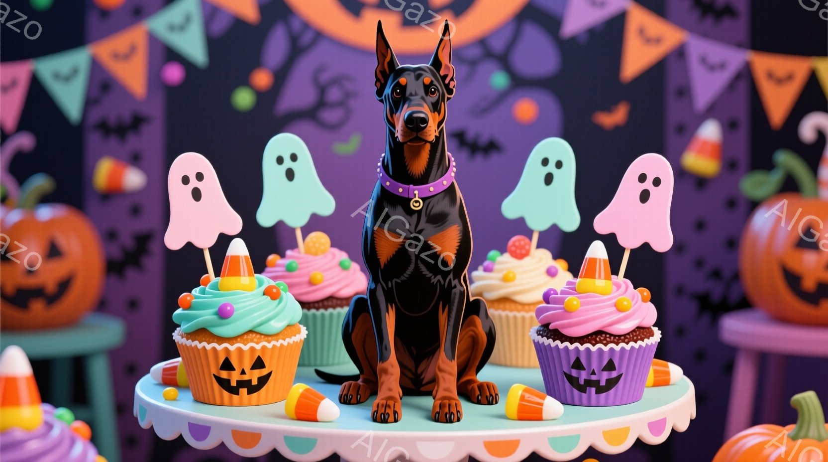 黒いドーベルマン犬が、ハロウィーンをテーマにしたケーキのディスプレイの中心に座っています。ケーキはオレンジと紫のアイシングで飾られ、キャンディーコーンやジャック・オ・ランタンの飾りがあります。背景には - AI生成フリー素材