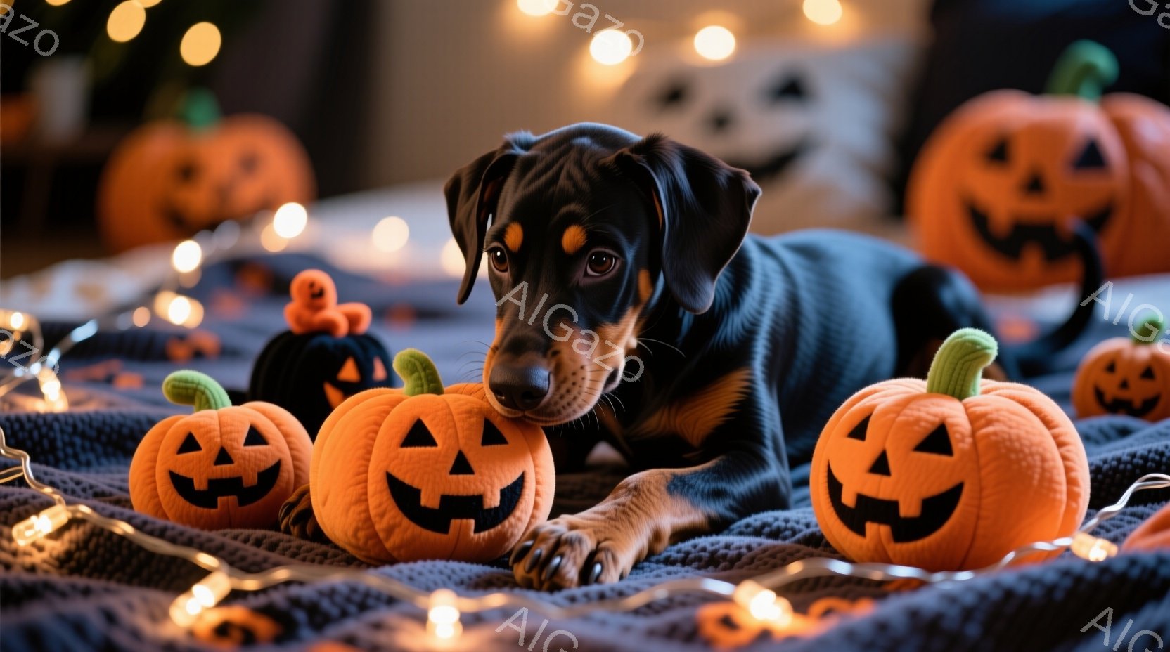 暗い背景に、オレンジ色のハロウィンカボチャに囲まれた黒い毛並みの犬が横たわっています。犬はリラックスした表情で、前足でカボチャを抱えており、ハロウィン飾りと暖かい光が漂う、居心地の良い雰囲気が漂ってい - AI生成フリー素材