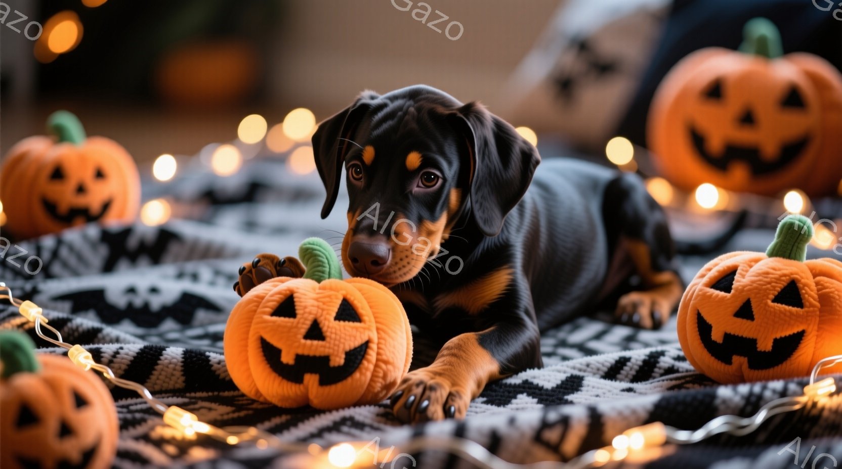 黒と茶色の毛並みの幼い犬が、ハロウィーンの装飾であるオレンジ色のカボチャに囲まれて横たわっています。犬はリラックスした姿勢で、カメラの方を見ており、カボチャの一つを前足で軽く押さえています。背景には、 - AI生成フリー素材