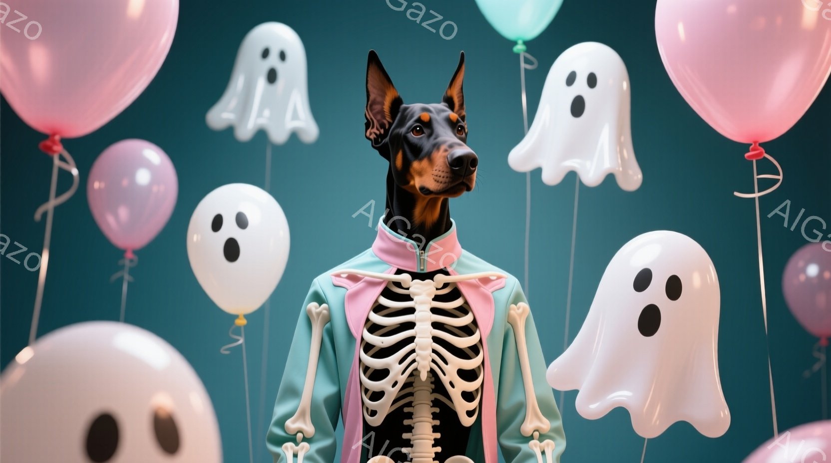 黒いドーベルマン犬が、ハロウィーンをテーマにした服装で中央に立っています。緑色のジャケットを羽織り、その下に骨格のプリントが施された白い服を着ています。背景には、お化けの形をした風船や、ピンク、白、水 - AI生成フリー素材