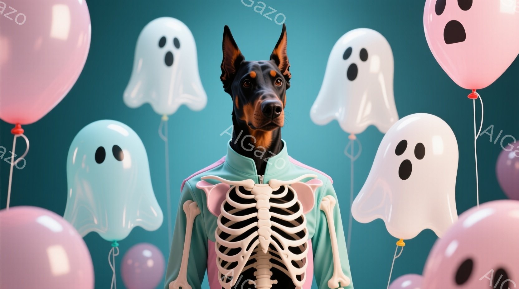ドーベルマンがハロウィーンをテーマにした服装で立っています。薄い水色の骸骨模様のジャケットを着て、顔は真剣な表情で正面を見ています。背景には、パステルカラーの幽霊の風船が浮かび、お祝いの雰囲気を作り出しています。