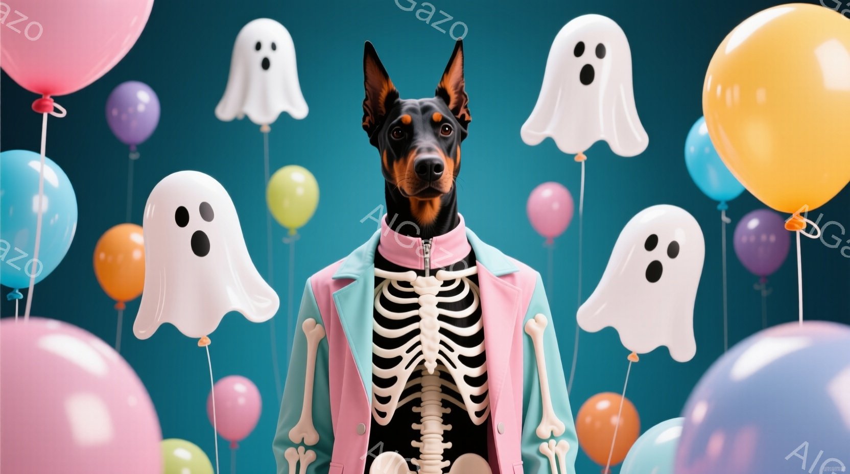 ドーベルマンが骸骨のコスチュームをピンクのジャケットで覆い、正面を見据えています。背景には、パステルカラーの風船や可愛らしいお化けが浮かび、ハロウィーンのような楽しい雰囲気を醸し出しています。全体的に - AI生成フリー素材