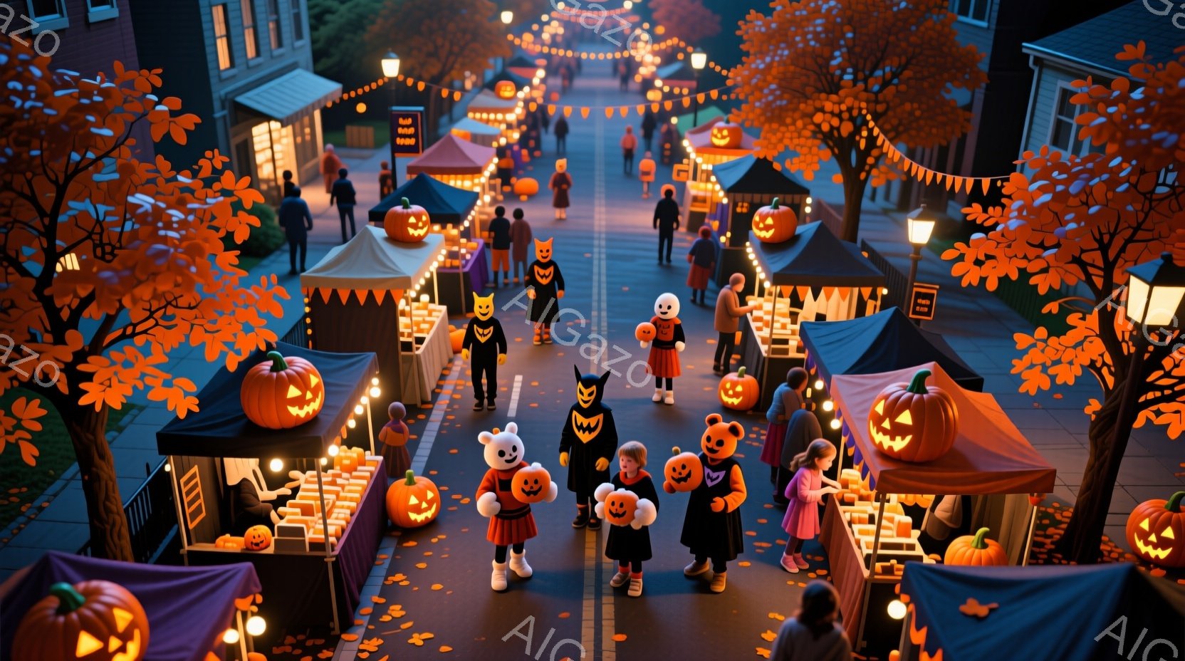 ハロウィーンの夜、多くの人々が仮装して通りを歩いている様子が描かれている。オレンジ色のカボチャランタンが並んだ露店が立ち並び、背景にはライトアップされた建物が見える。全体的に温かく、お祭りらしい賑やか - AI生成フリー素材