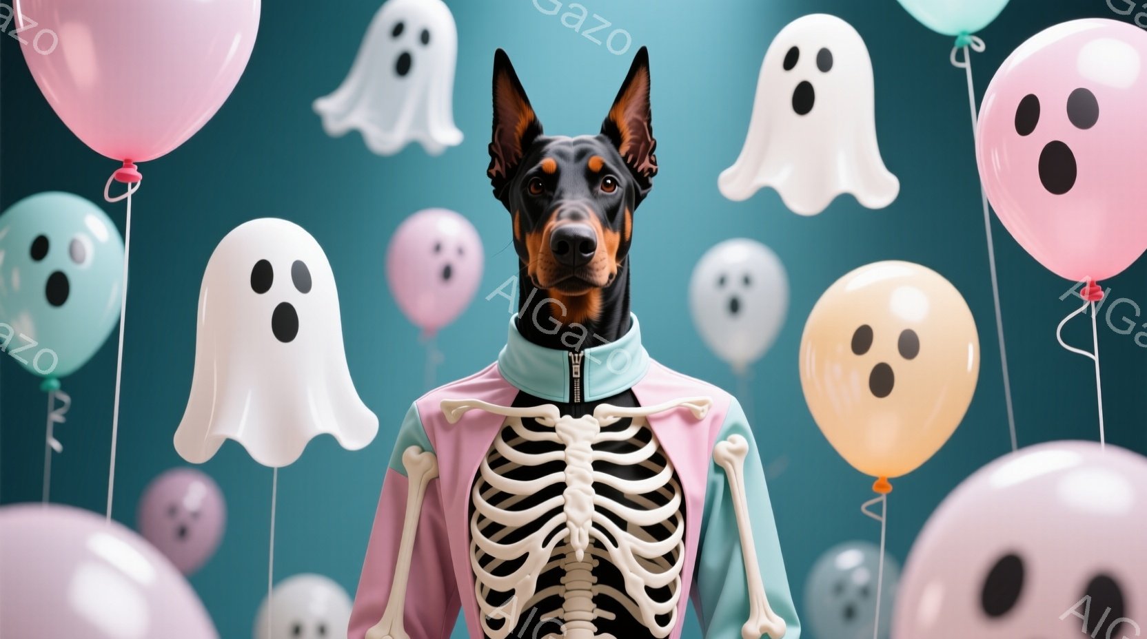 ドーベルマンがハロウィーンをテーマにした衣装を着ています。その衣装は、ピンクと水色のラインが入ったジャケットで、白い骨格模様が特徴的です。背景には、さまざまな色の幽霊の風船が浮かび、お祝いムードを盛り - AI生成フリー素材