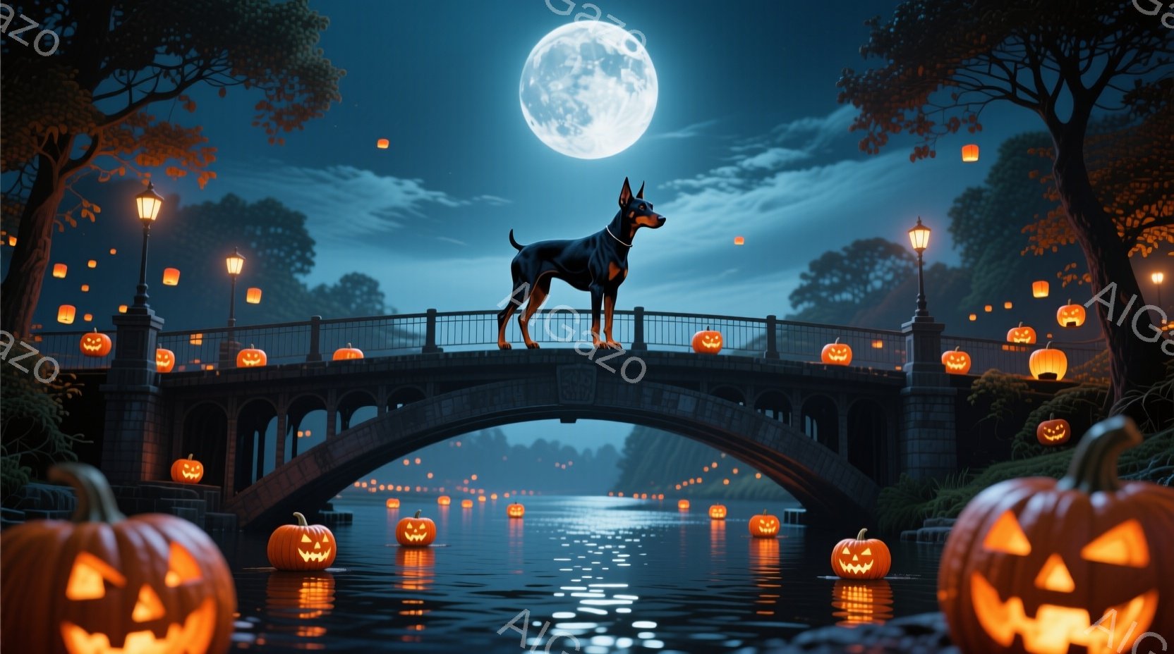 石造りのアーチ橋の上に、堂々としたドーベルマンが立っている。橋の欄干や水面にはジャック・オ・ランタンが配置され、背景には暗い森と満月が輝き、ハロウィーンの夜の神秘的な雰囲気を醸し出している。水面に映る光と背景の木々が、このシーンに幻想的な深みを与えている。