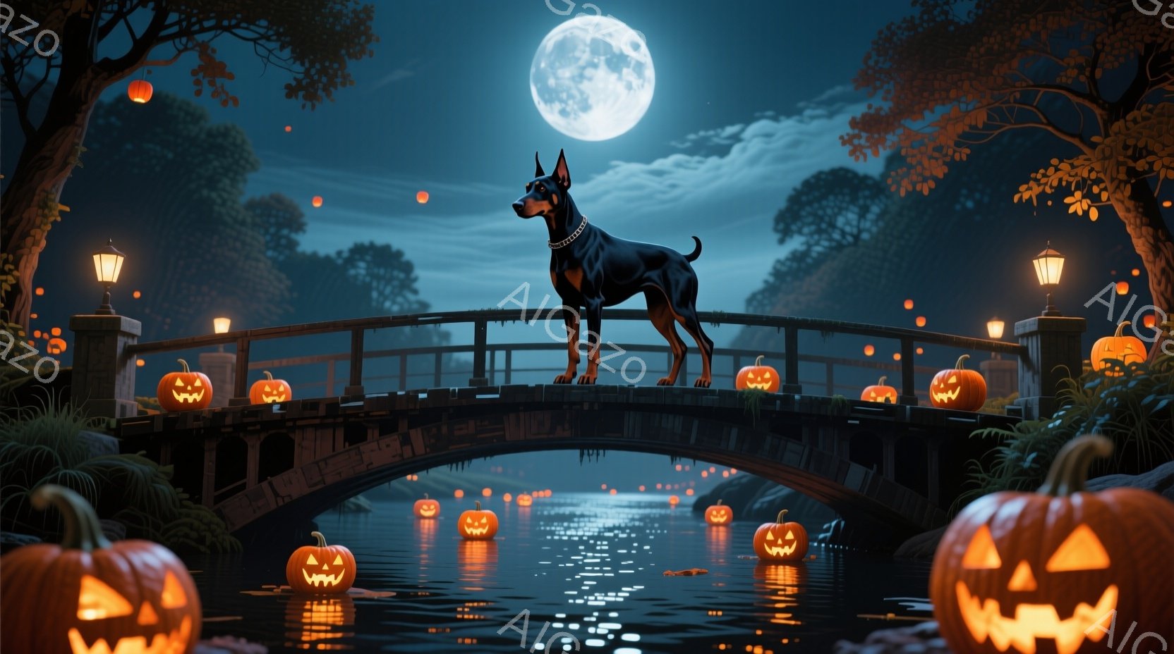 橋の上に堂々と立つ黒いドーベルマンが印象的です。周囲の水面にはたくさんのジャック・オ・ランタンが浮かび、背後には暗い森が広がっており、満月の光が水面に反射しています。ハロウィーンの夜を彷彿とさせる、少 - AI生成フリー素材