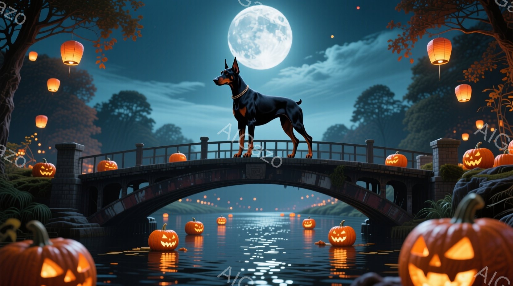 満月の夜、石橋の上には堂々としたドーベルマンが立っている。橋の下の池には無数のジャック・オ・ランタンが浮かび、オレンジ色の光が水面に反射して幻想的な雰囲気を醸し出している。背景には暗い木々が立ち並び、 - AI生成フリー素材