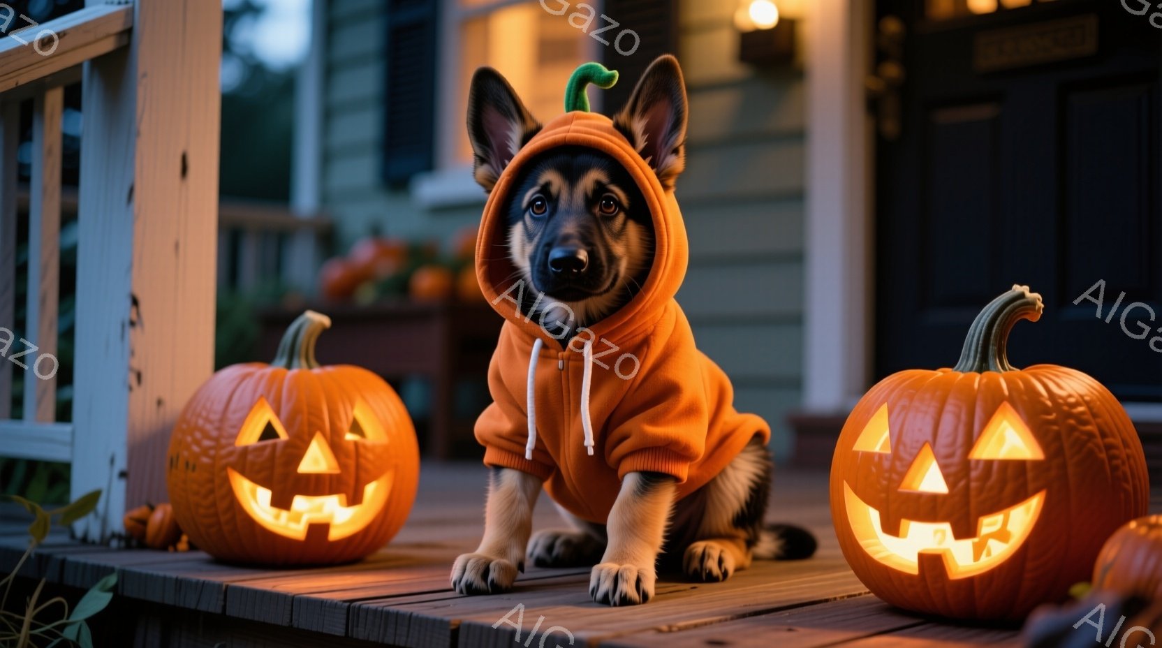 黒い毛並みのシェパードの子犬が、オレンジ色のハロウィーンのパーカーを着て、彫刻されたジャック・オー・ランタンに囲まれて座っています。子犬は前足を伸ばし、正面を見ており、少し緊張した表情をしています。背景には、木製のデッキと、ぼやけた住宅のシルエットが見え、秋の夕暮れのような穏やかな雰囲気が漂っています。