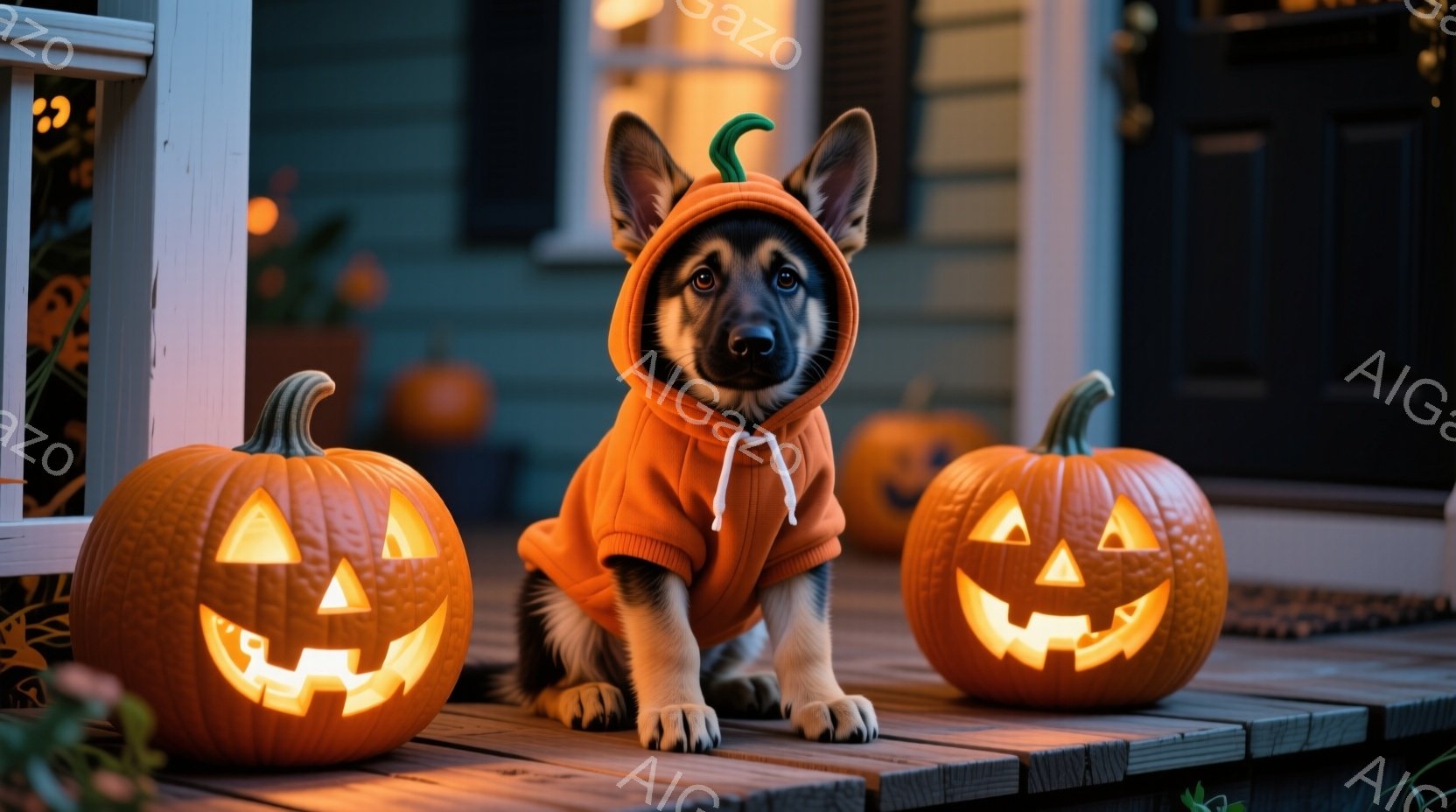 芝生と家のポーチに、ハロウィーンの飾りのカボチャに囲まれたジャーマンシェパードの子犬が座っています。子犬はオレンジ色のカボチャのフード付きセーターを着ており、少し困ったような表情をしています。ポーチは薄暗く照らされており、背景にはさらにカボチャが見え、全体的に暖かくお祝いの雰囲気です。