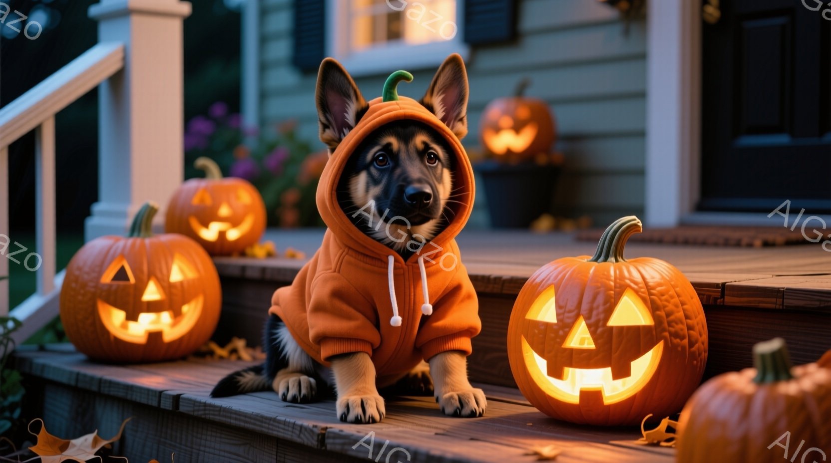 茶色と黒の毛並みの小さなシェパードの子犬が、オレンジ色のパーカーを着て、石のステップの上に座っています。周りには様々な大きさのジャック・オ・ランタンが並び、ハロウィーンの雰囲気を盛り上げています。背景には薄暗い家の外観が見え、夜のハロウィーンパーティーの準備が整っている様子が伺えます。