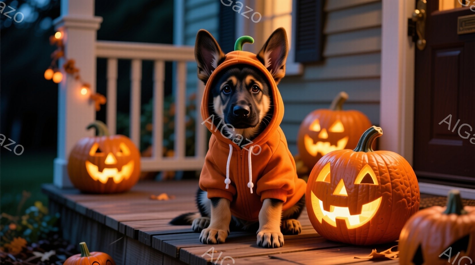 小さなジャーマンシェパードの子犬が、オレンジ色のパーカーを着て、ベランダの段差に座っています。周囲には様々な大きさのジャック・オ・ランタンが置かれ、ハロウィンの雰囲気を醸し出しています。ベランダは木製で、背景には暗い建物と、オレンジ色のイルミネーションが暖かく光り、秋の夜の穏やかな雰囲気が漂っています。
