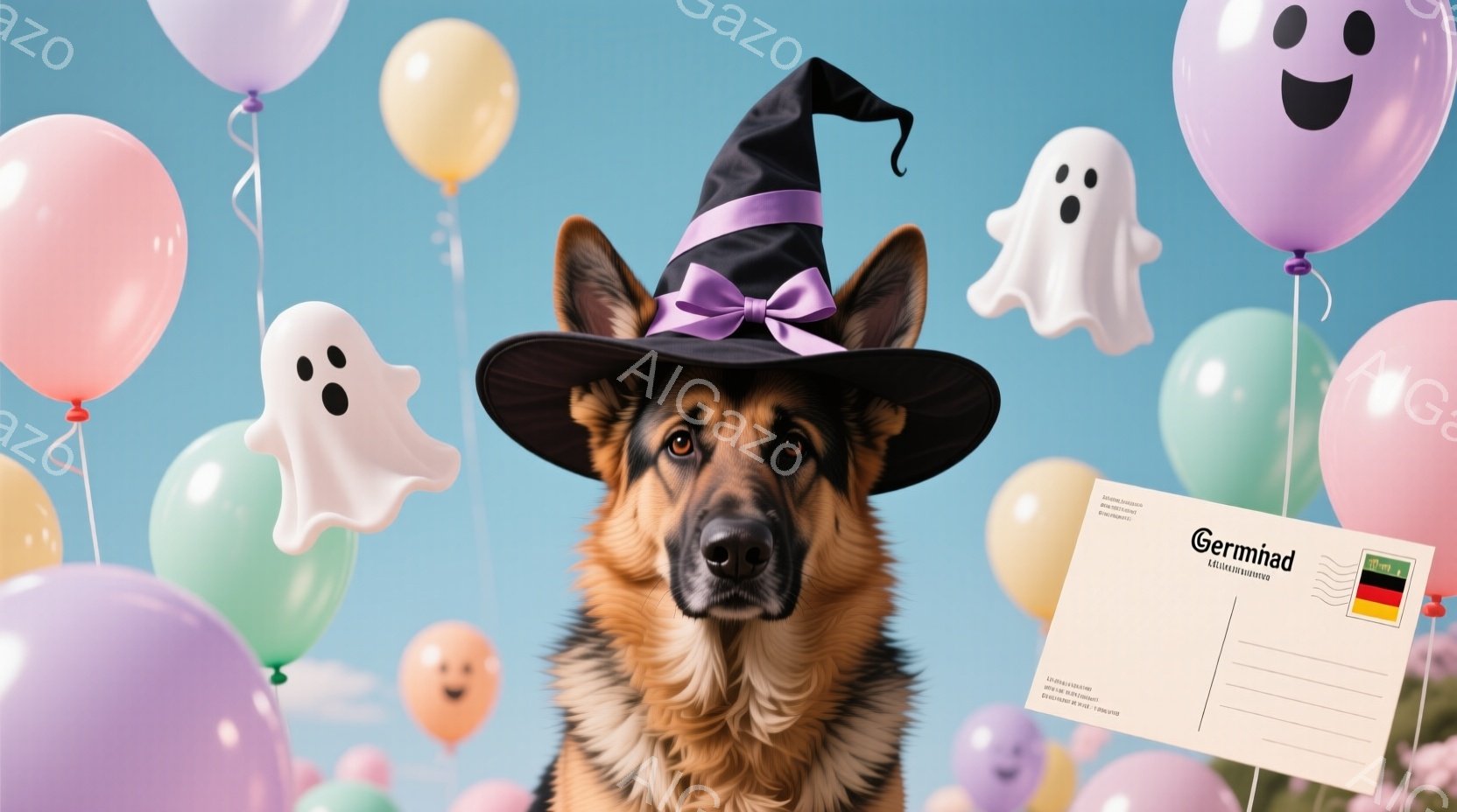 ハロウィーンをテーマにしたグレート・シェパード犬のポートレートです。犬は黒い魔女の帽子をかぶり、少し微笑んでいるように見え、背景にはカラフルな風船や幽霊の形をした風船が浮かんでいます。全体的に、陽気で - AI生成フリー素材