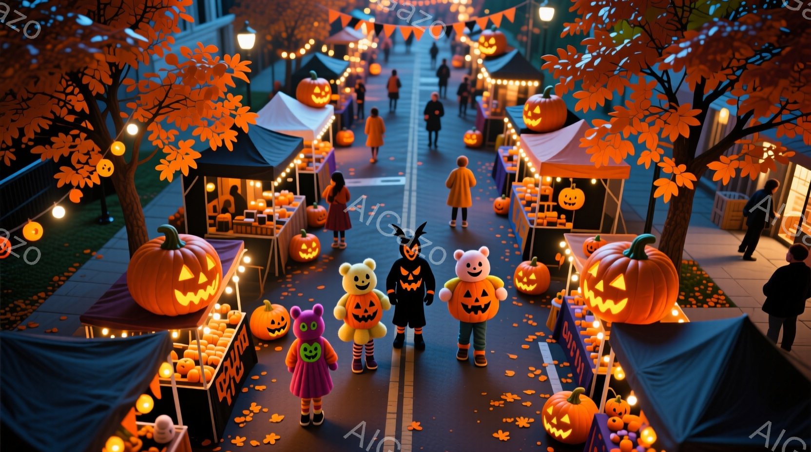 ハロウィーンの夜、石畳の道にカボチャのランタンや屋台が並び、お祭りムードが満開です。3人の子供たちはそれぞれ、カボチャ、黒猫、おばけのコスチュームを着て、笑顔で道を歩いています。背景には、オレンジ色の - AI生成フリー素材