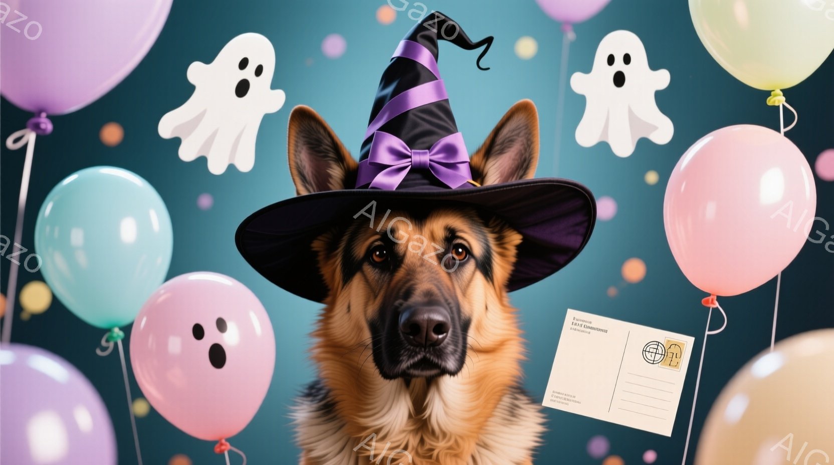 ハロウィーンをテーマにしたドイツシェパードが写っています。黒い魔女の帽子をかぶり、少しいたずらっぽい表情で正面を見つめています。背景には、パステルカラーの風船と、ハロウィーンの幽霊のイラストが浮かび、お祭り気分を盛り上げています。