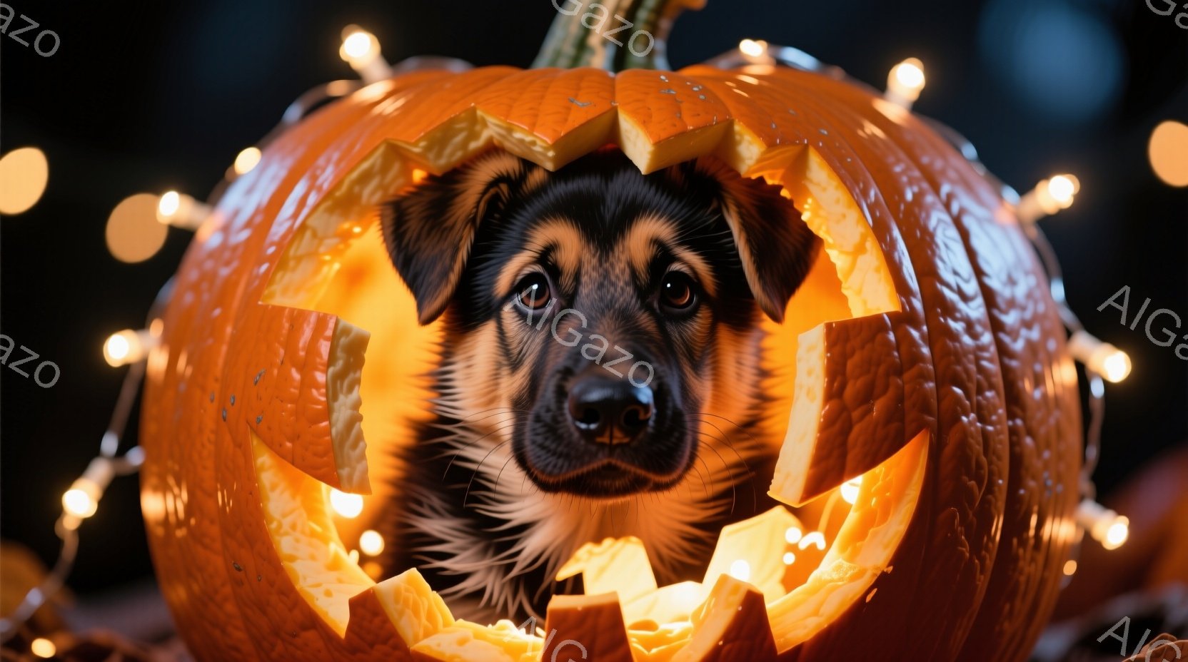 鮮やかなオレンジ色のカボチャの中に、黒と茶色の毛並みの可愛らしい子犬が顔を出しています。子犬はまっすぐカメラを見つめ、少し好奇心と不安が入り混じった表情をしています。背景にはぼやけた光のイルミネーショ - AI生成フリー素材