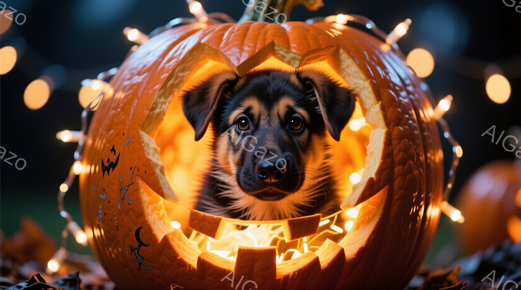 くり抜かれたカボチャの中に、小さなジャーマンシェパードの子犬が顔を出しています。子犬はまっすぐ前を見ており、好奇心と少しの戸惑いが混ざった表情をしています。背景は暗く、カボチャの周りにはぼんやりと光る - AI生成フリー素材