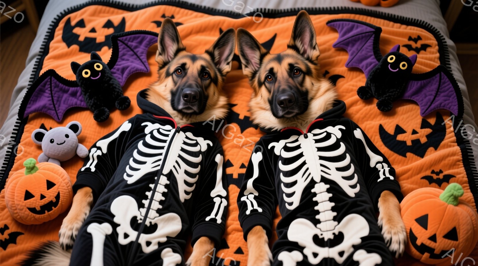 ハロウィーンをテーマにした背景の中で、骸骨柄の衣装を着た2匹のジャーマンシェパードが写っています。彼らは正面を向き、少し困ったような表情でカメラを見つめており、オレンジ色の背景に散りばめられたカボチャ - AI生成フリー素材
