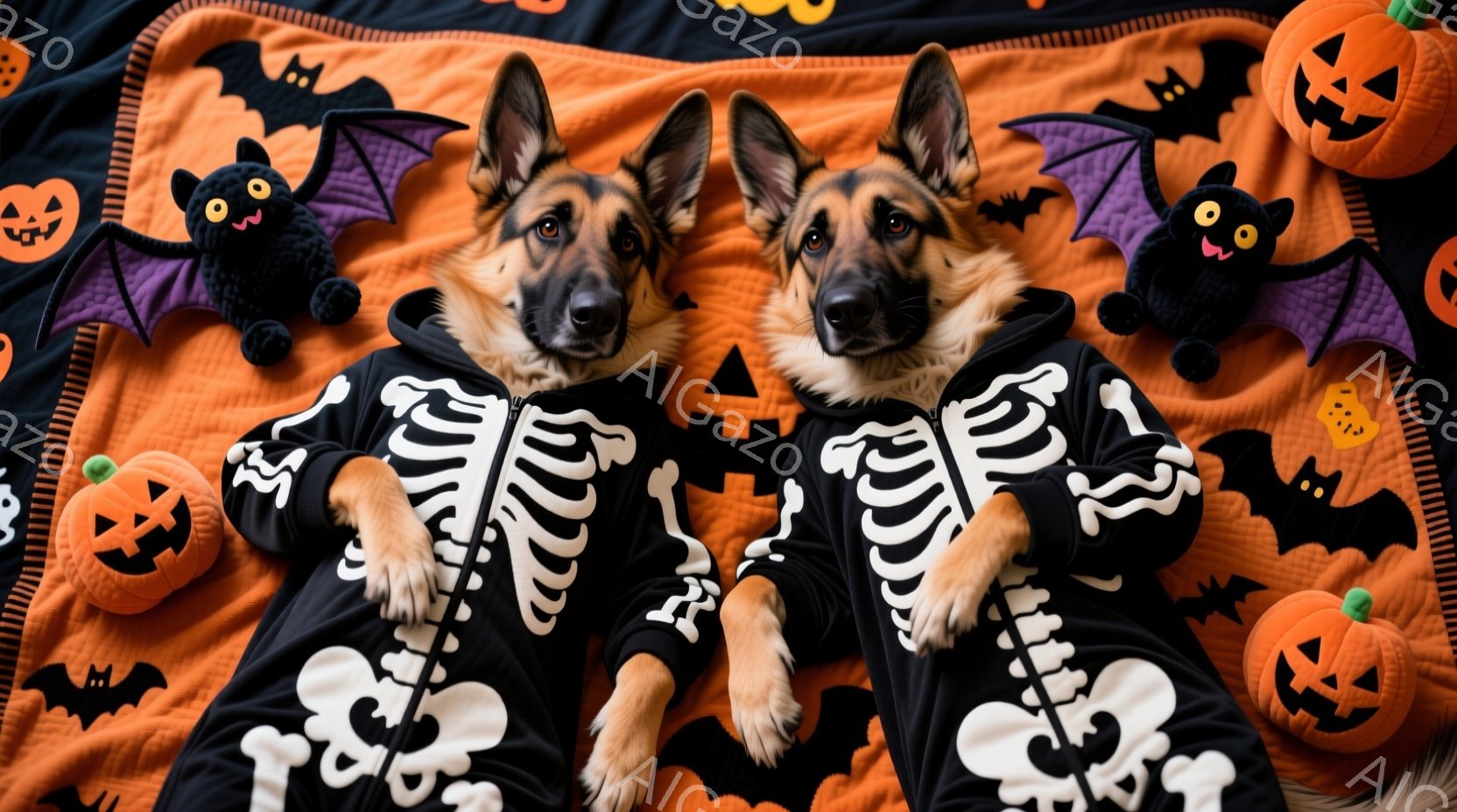 ハロウィーンをテーマにした背景に、2匹のジャーマンシェパードが骸骨柄の衣装を着て横たわっています。犬たちはリラックスした表情で、おもちゃのコウモリやカボチャに囲まれており、全体的に温かく楽しい雰囲気が - AI生成フリー素材