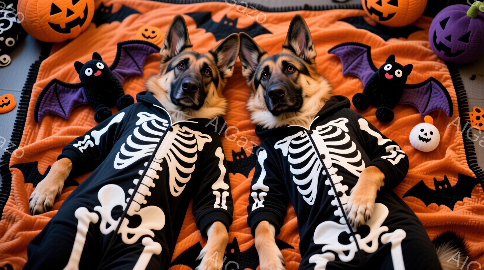 ハロウィーンの装飾の中に横たわる2匹のジャーマンシェパードが写っています。彼らは骨格の模様が入った黒い衣装を着ており、リラックスした表情でカメラを見つめています。背景には、オレンジ色の布、カボチャ、コ - AI生成フリー素材