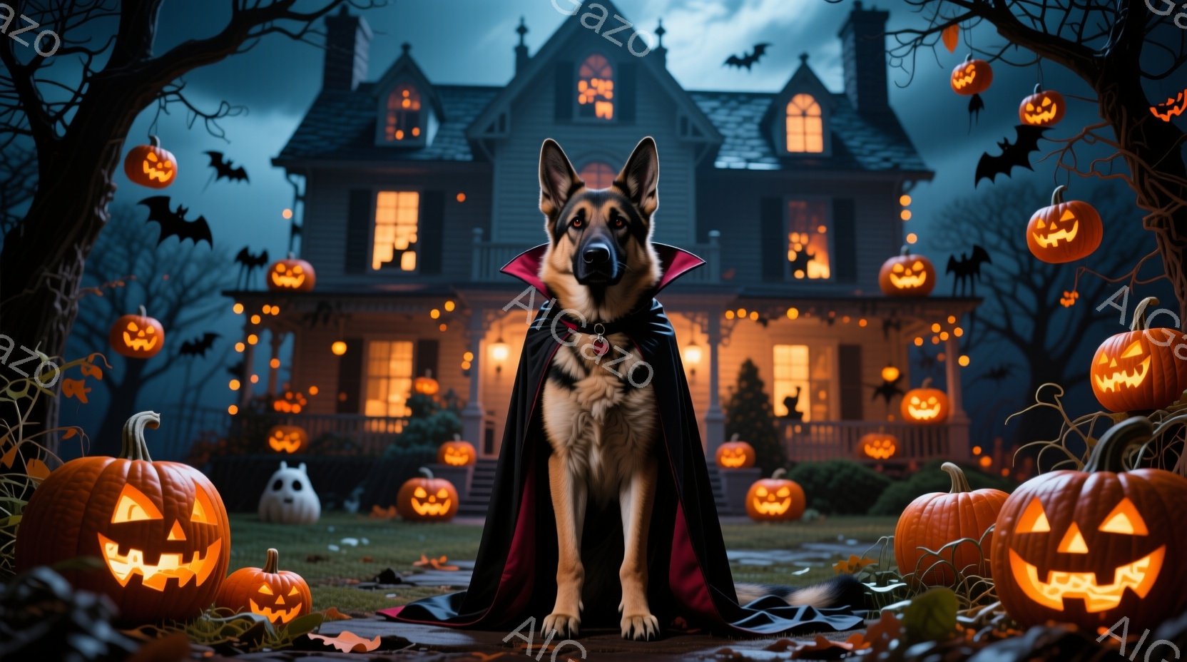 ハロウィーンの夜を舞台に、黒いマントを羽織ったジャーマンシェパードが、庭の石畳の道に堂々と立っている。背景には、ジャック・オー・ランタンや幽霊で飾られた、不気味な雰囲気の大きな屋敷があり、夜空にはコウ - AI生成フリー素材