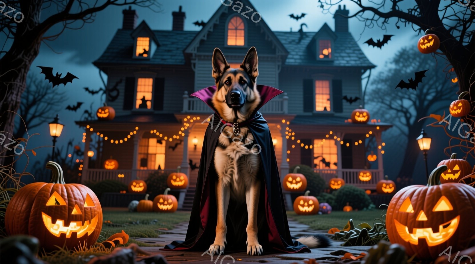 ハロウィーンをテーマにした画像で、ドイツシェパードが黒いマントを羽織り、正面を向いて座っています。背景には、ジャック・オ・ランタンや電灯で飾られた大きな家と、暗い空を飛ぶコウモリが見えます。全体的に、 - AI生成フリー素材
