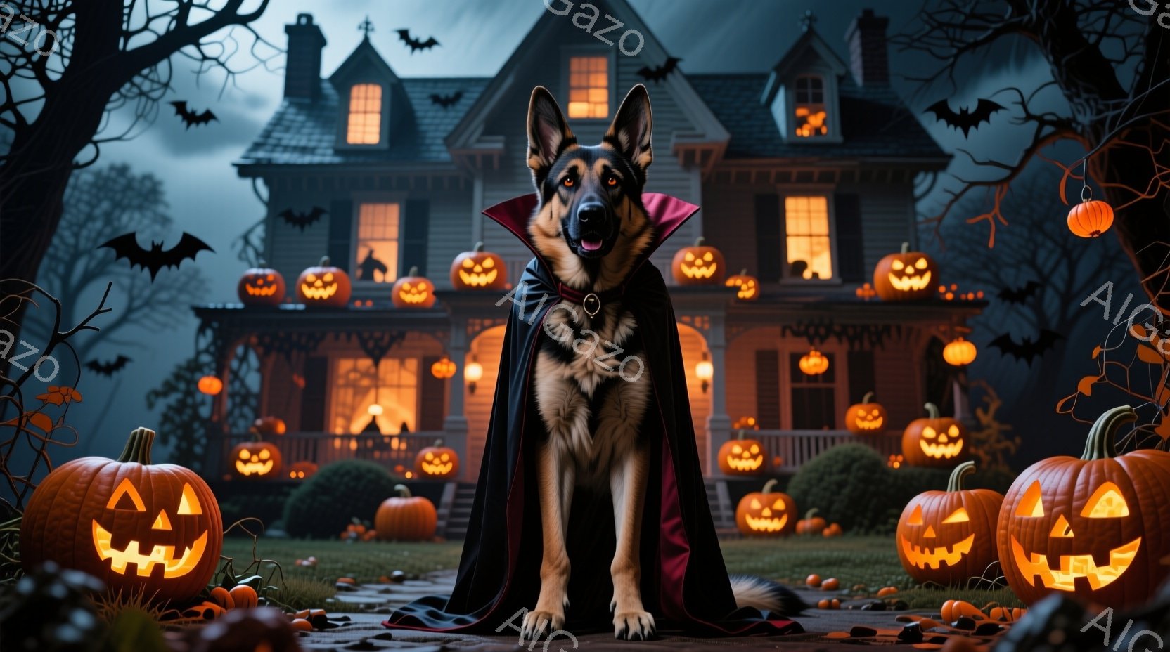 黒い毛並みのジャーマンシェパードが、赤い襟付きのマントを羽織って座っています。背景には、たくさんのジャックオーランタンで飾られた薄暗い邸宅と、夜空を舞うコウモリが見え、ハロウィーンの不気味な雰囲気を醸し出しています。芝生にはオレンジ色のカボチャが散らばり、暗い空と邸宅の光が、独特の影を作り出しています。