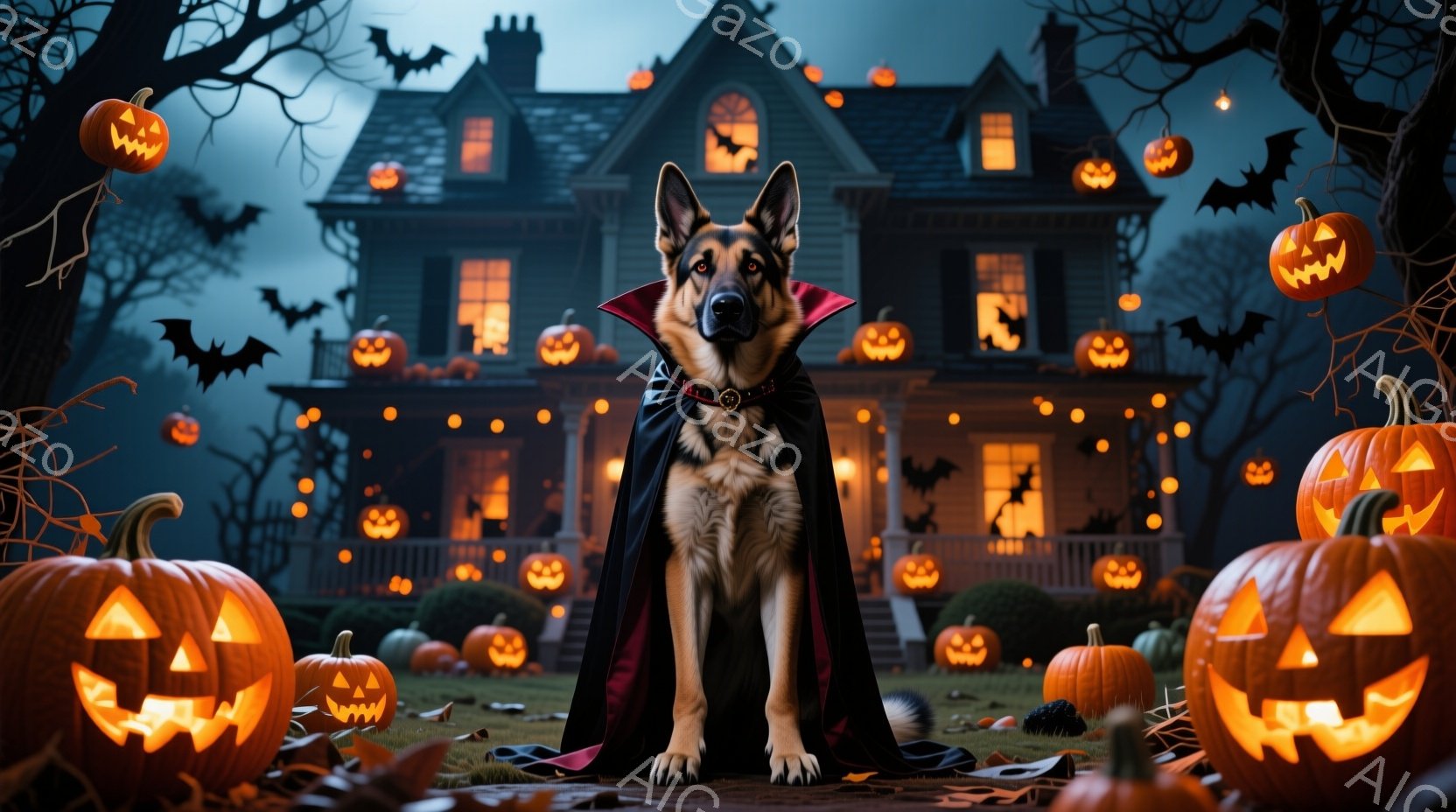 ドイツシェパード犬が、ハロウィーンをテーマにした衣装を着て正面を向いて座っています。黒いマントを羽織り、首輪には小さな飾りをつけています。背景には、カボチャのランタンで飾られた古い屋敷があり、暗い空に - AI生成フリー素材