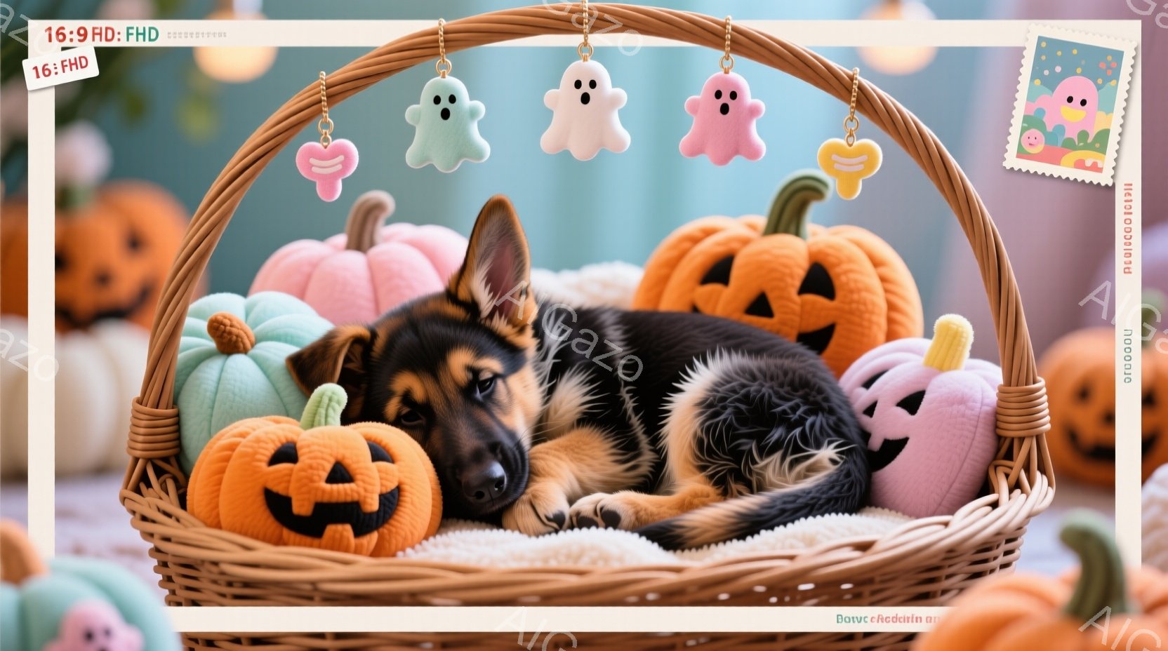 ドッグがハロウィーンをテーマにしたバスケットに包まれています。バスケットには、カボチャ、お化け、コウモリなどのハロウィーンの飾りと小さなカボチャが敷き詰められており、秋らしい雰囲気です。子犬はリラックスした様子で眠っており、全体的に暖かく可愛らしい印象を与えています。
