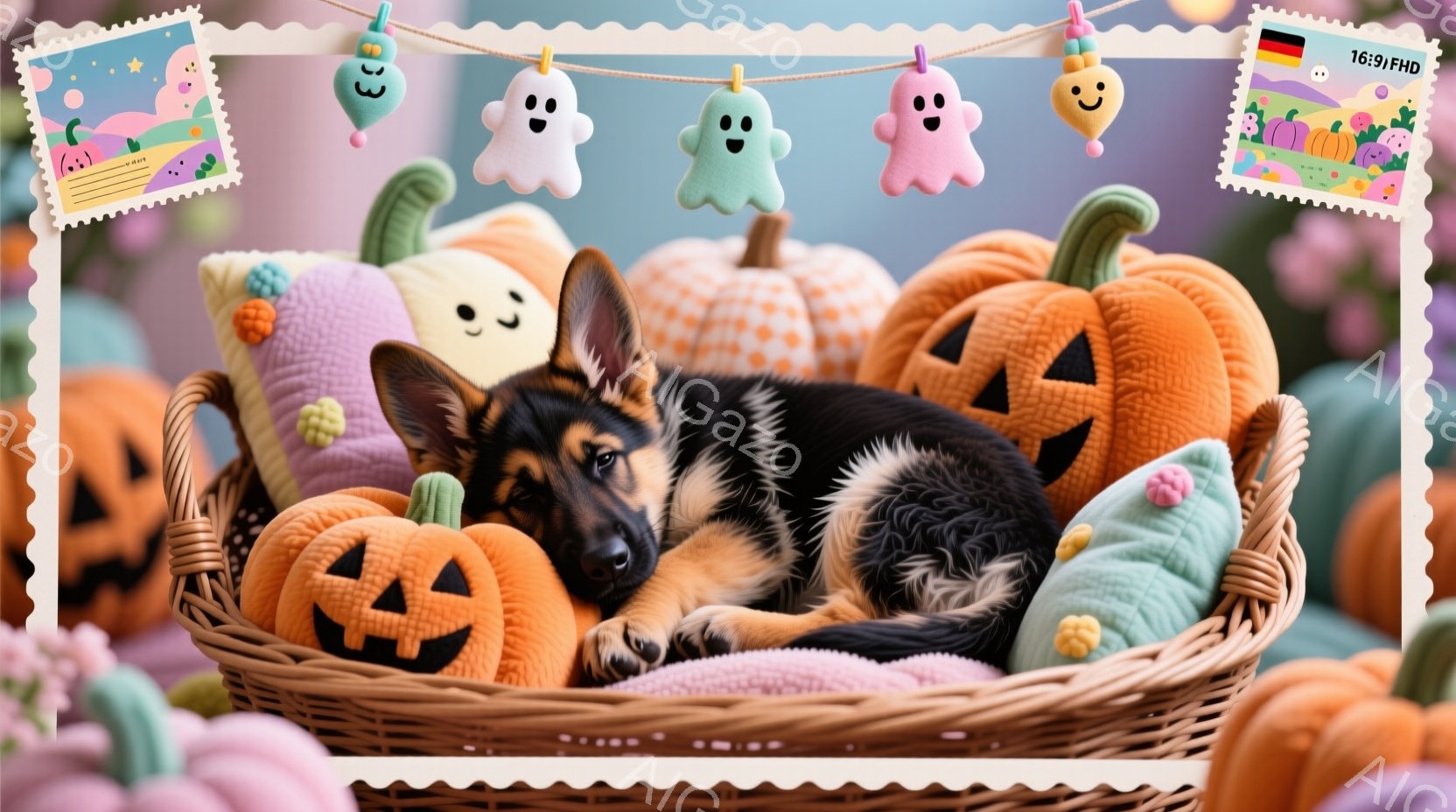 鮮やかなオレンジ色のカボチャと可愛いお化けの飾りで囲まれたバスケットの中に、毛並みの美しいジャーマンシェパードの子犬が丸まって眠っています。子犬はリラックスした様子で、バスケットの柔らかいクッションに体を預けています。全体的にハロウィーンの雰囲気で、暖かく、可愛らしい光景です。