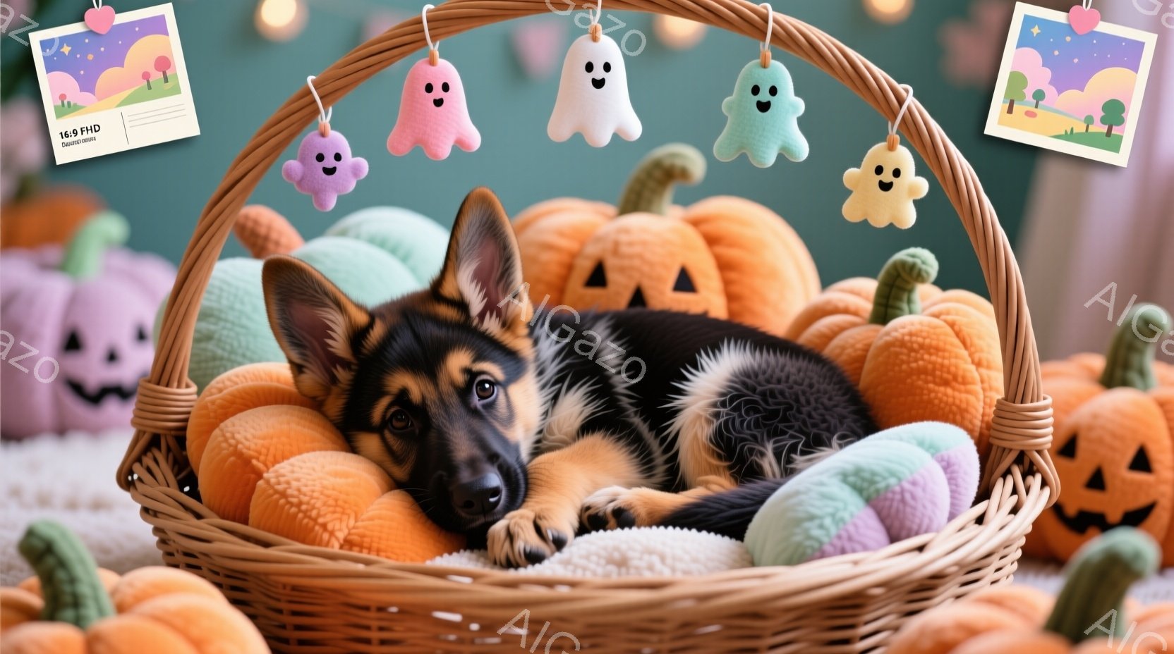 黒と茶色のジャーマンシェパードの子犬が、オレンジと紫色のハロウィンをテーマにしたクッションに囲まれたバスケットの中で横になっています。子犬はリラックスした表情で、片方の足を曲げて眠たげな様子です。背景には、さまざまな色のハロウィーンカボチャが散りばめられており、全体的に温かく、お祝いムードの漂う写真です。