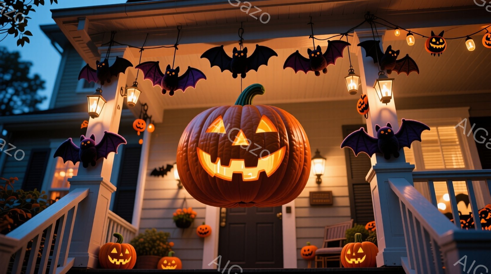 ハロウィーンの飾り付けがされた家の正面玄関が写っています。大きなジャック・オ・ランタンが階段に浮かび、周りには小さなカボチャやコウモリの飾り、オレンジ色のライトが飾られています。背景には木々が見え、薄 - AI生成フリー素材