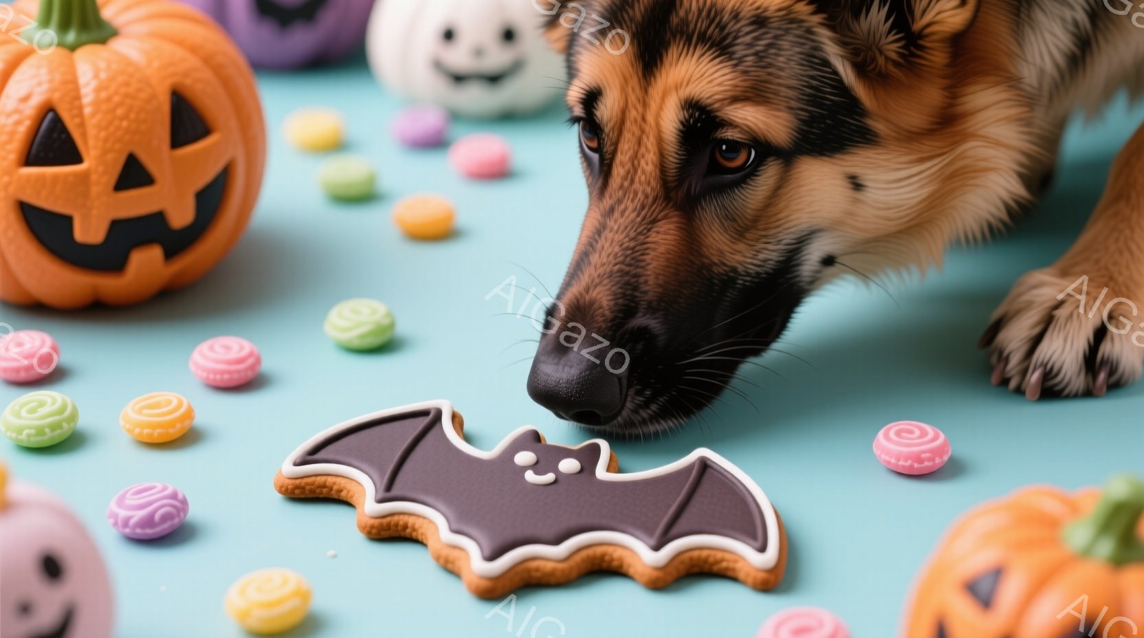 ショッピングバッグを持つ人が、お化けなパウダースプレッドを撒きながら、怖がりの犬がそれに触れるようにしている。静かな日中の空間で、彩色されたハロウィンの食べ物が豊富に表示されています。