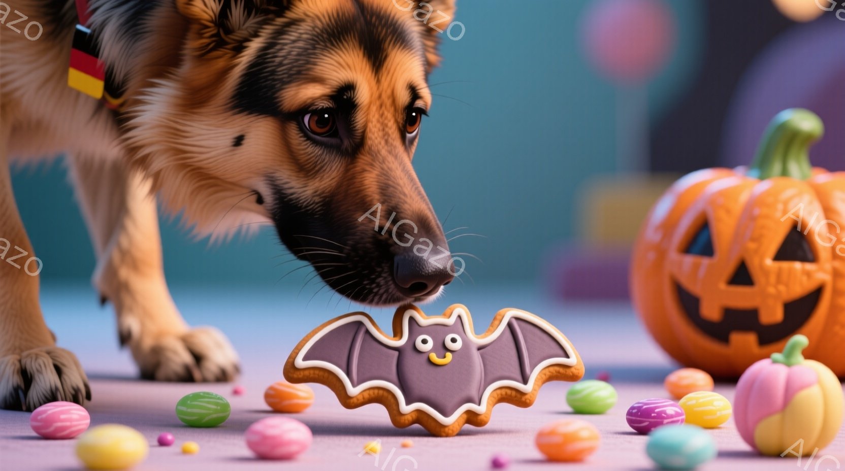 ハロウィーンをテーマにした背景に、ジャーマンシェパードがコウモリ型のクッキーに鼻を近づけている様子が写っています。クッキーの周りには、カラフルなキャンディーが散りばめられ、右側にはジャック・オー・ラン - AI生成フリー素材