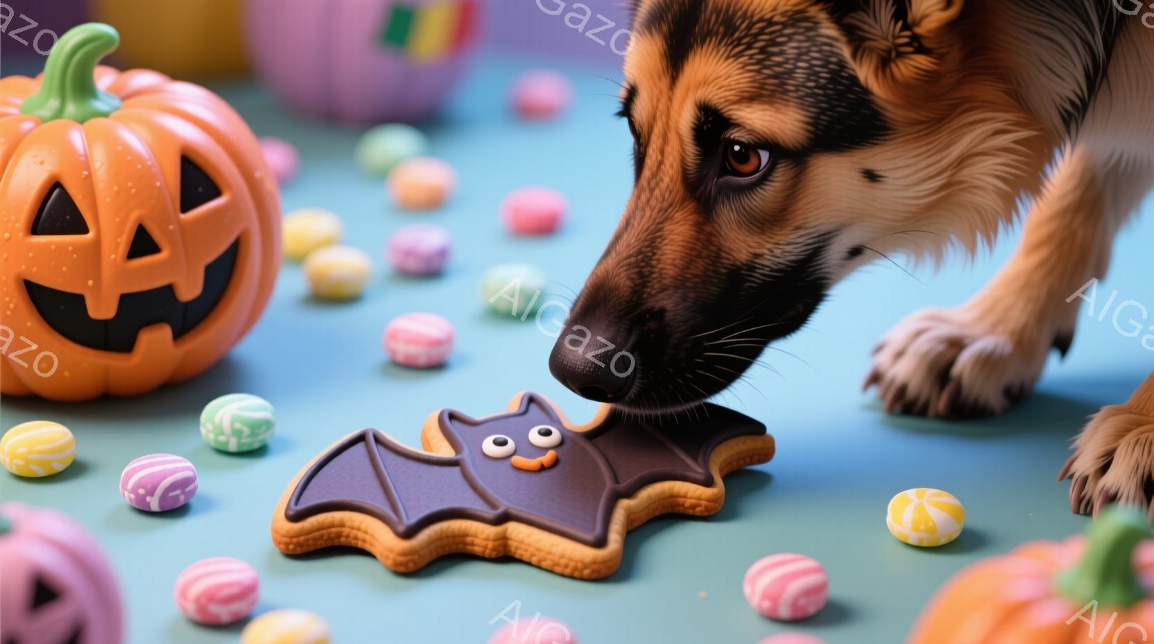 ハロウィーンをテーマにした画像で、茶色と黒のバット型のクッキーに鼻を近づけるジャーマンシェパードが写っています。背景にはカラフルなキャンディーやオレンジ色のジャック・オ・ランタンが散りばめられ、お祭り気分を盛り上げています。全体的に明るく、遊び心のある雰囲気で、可愛らしいハロウィーンのシーンが描かれています。