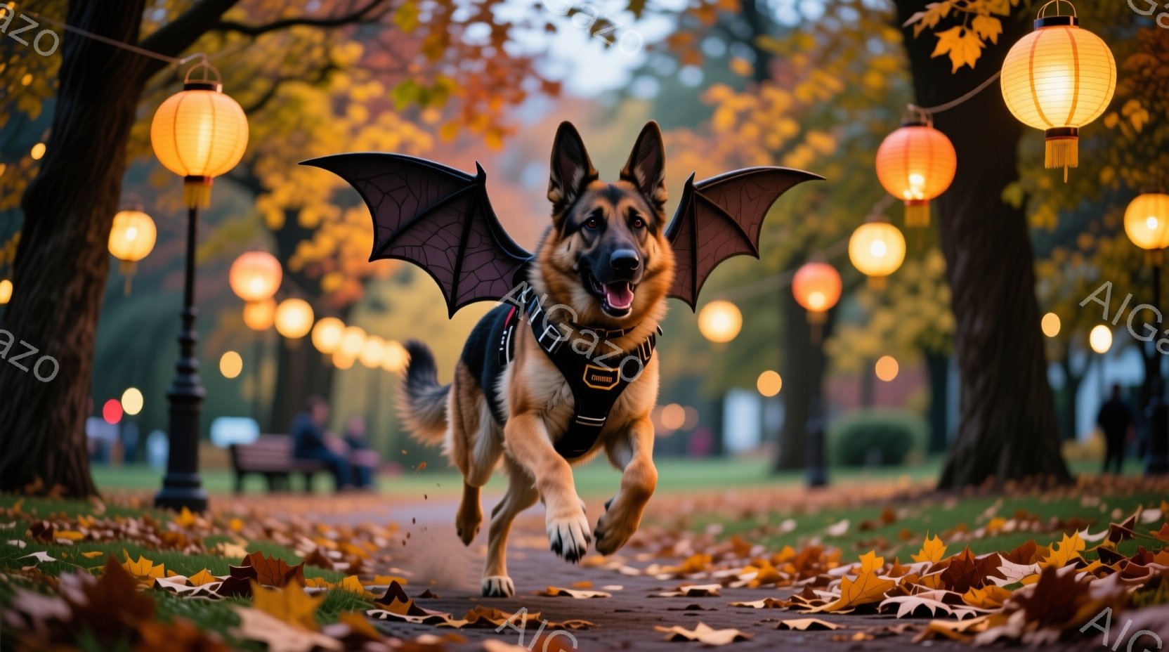芝生と落葉が敷き詰められた遊歩道を、翼を付けたジャーマンシェパードが勢いよく駆けている。背景には木々が立ち並び、オレンジ色の提灯が灯り、秋の暖かく幻想的な雰囲気を醸し出している。犬は嬉しそうに舌を出し - AI生成フリー素材