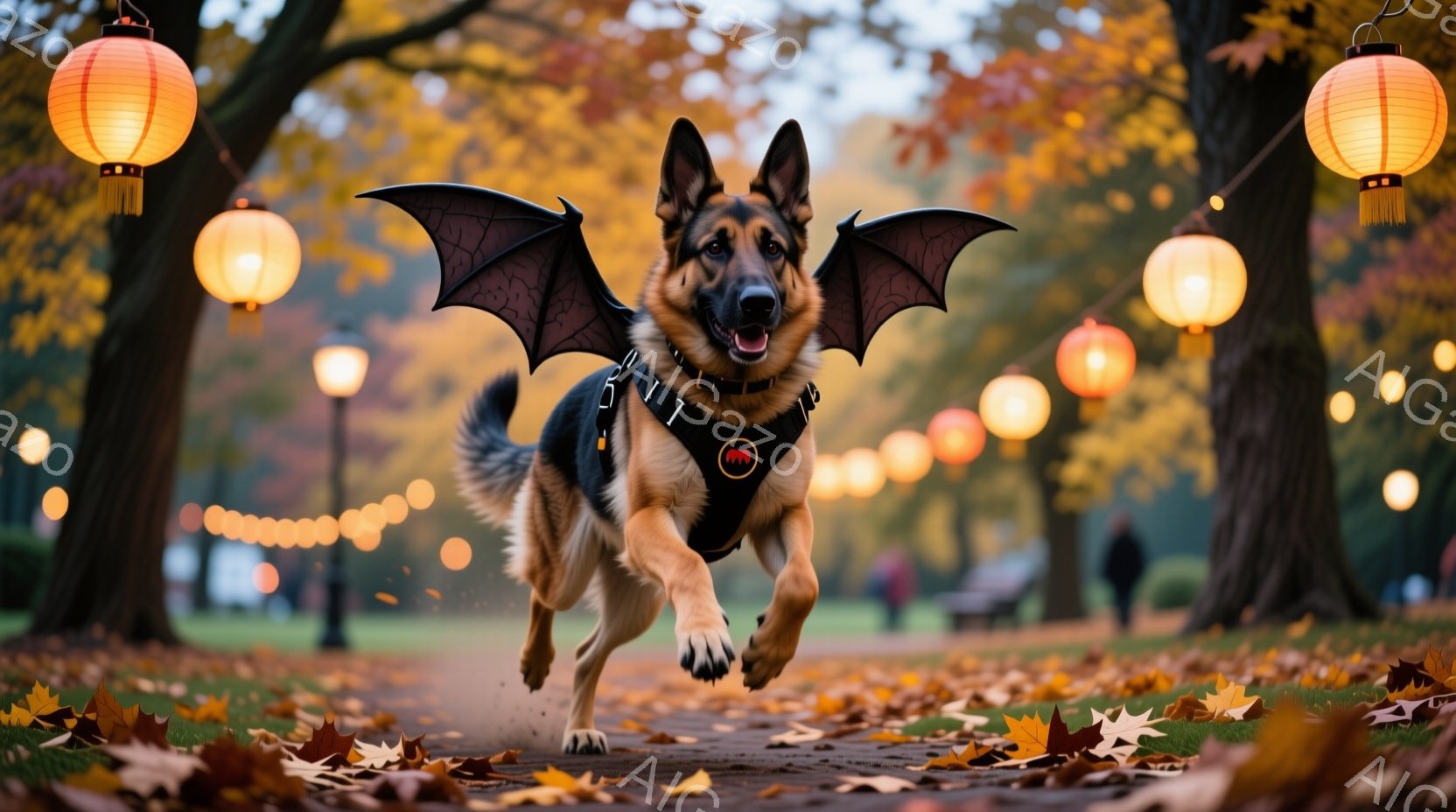 ドイツシェパード犬が、ハロウィーンの翼を身に着けて、落ち葉が散らばる公園の道の中央を駆け抜けている。背景には、オレンジ色の提灯が吊るされ、ぼやけた人物とベンチが見え、秋の夕暮れの穏やかな雰囲気を作り出 - AI生成フリー素材