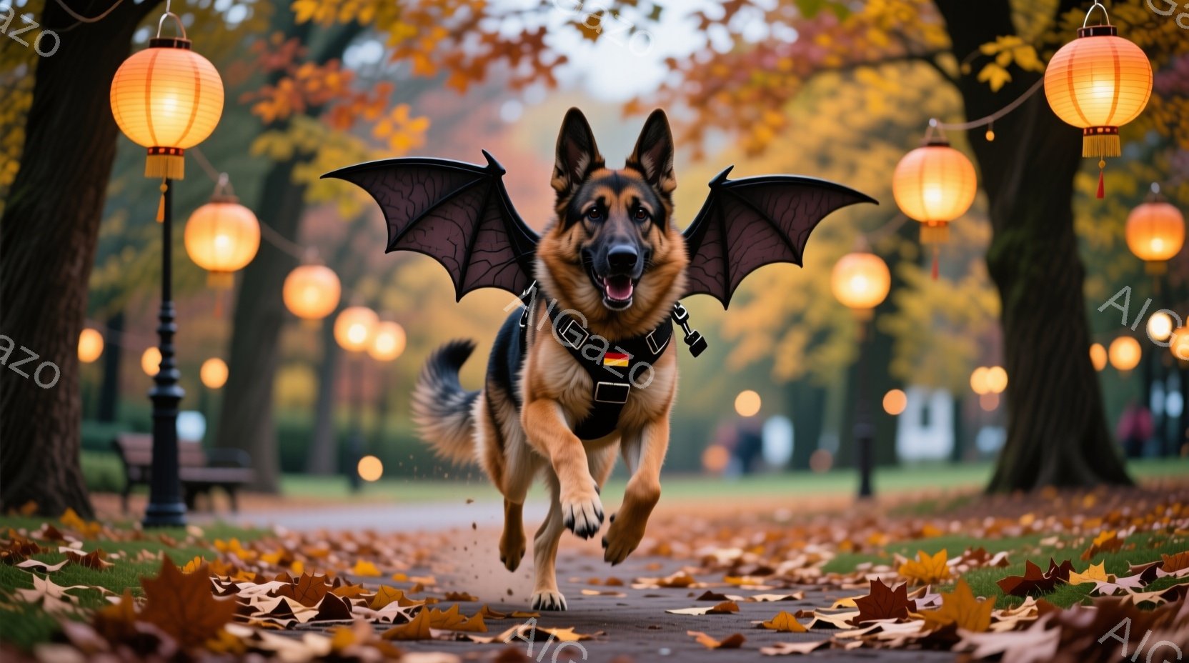 鮮やかな秋の公園を、翼を付けたジャーマンシェパードが疾走している。犬はハーネスを着用し、口を開けて楽しそうに走っており、背景には色づいた木々とぼんやりと見える建物、そして提灯が並んでいる。落ち葉が舞い - AI生成フリー素材