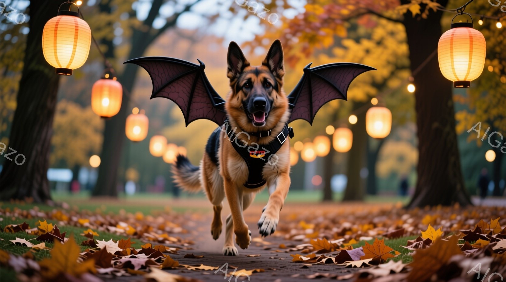 秋の景色を楽しむドイツシェパードが逃げているスタンプスタイルの画像です。犬は迷路のような曲り角から飛び出しており、左には秋の葉が散らばっている樹木が見えます。右側には日本風の照明が並んでおり、それぞれ白いお祭り灯が閉じるような形状をしています。背景は秋の色合いが漂っており、自然的な雰囲気を持っています。全体として、犬はシンプルで明るく楽しそうな表情をしています。