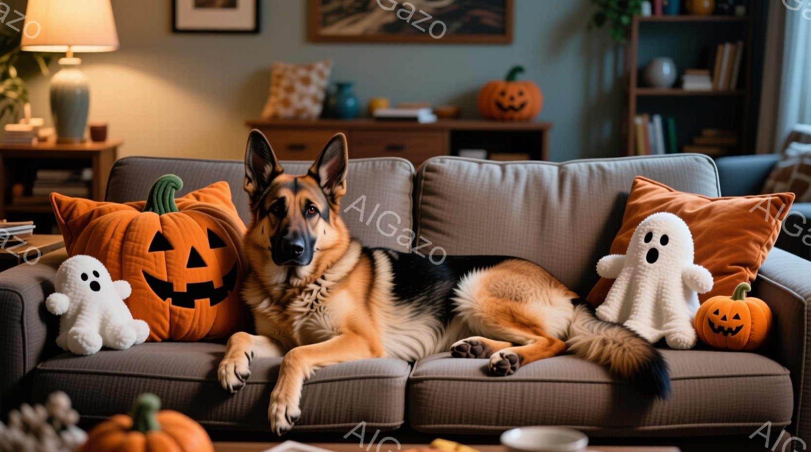 ソファに横たわるジャーマンシェパードが写っています。ハロウィーンの装飾であるカボチャのクッションやゴーストのぬいぐるみが周囲に置かれ、秋の雰囲気を醸し出しています。背景には家具や装飾が見え、リビングル - AI生成フリー素材
