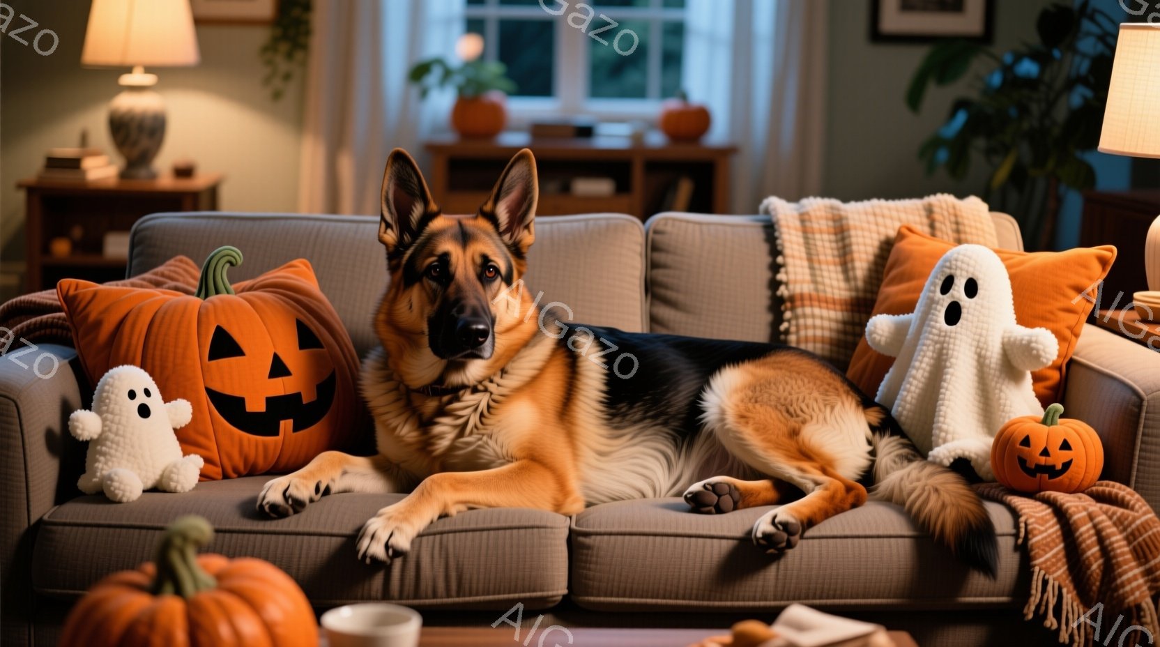 ハロウィーンの装飾が施されたリビングルームで、ジャーマンシェパードがソファに横たわっている様子が写っています。その犬は落ち着いた表情で、周囲のハロウィーンのクッションやカボチャに囲まれています。部屋は - AI生成フリー素材