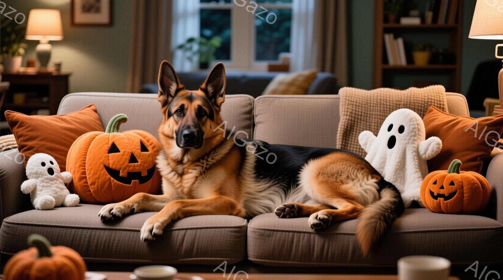 ソファに横たわるジャーマンシェパードが写っています。ハロウィーンの装飾であるカボチャのクッションとゴーストのぬいぐるみに囲まれ、リラックスした様子です。背景には、本棚や間接照明が見え、温かみのある室内 - AI生成フリー素材