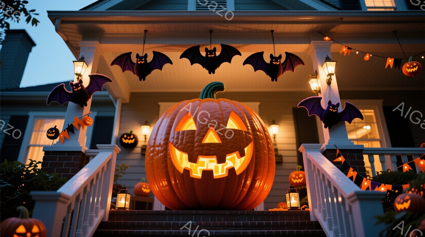 ハロウィーンの装飾が施された家の正面玄関が写っています。巨大なジャック・オー・ランタンが階段の中心に置かれ、周囲には小さなカボチャとハロウィーンの飾り付けが施されたガーランド、コウモリの飾り、光るランタンが配置されています。全体的に暖かい光に包まれ、お祝いムード満点のハロウィーンの夜の雰囲気です。
