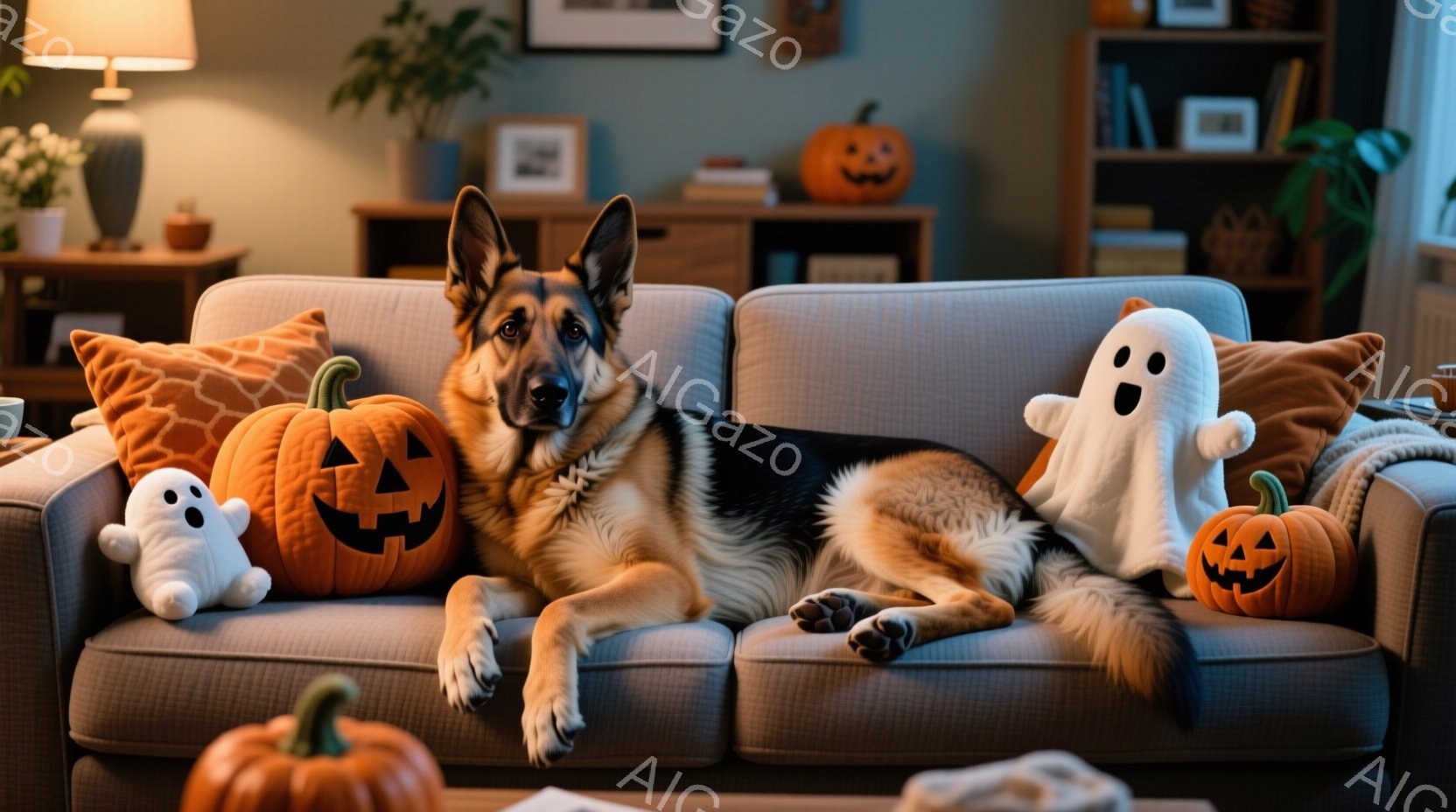 ソファに横たわるジャーマンシェパード犬が、ハロウィーンの装飾に囲まれてリラックスした様子です。オレンジと白のハロウィーンの幽霊とカボチャのぬいぐるみ、そしてオレンジ色の模様のクッションが犬の周りに配置 - AI生成フリー素材